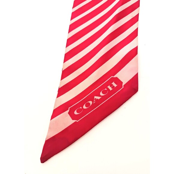 COACH 100% Silk Skinny Scarf Red Stripes/Logo Print Ponytail Bag Wrap - Picture 4 of 7